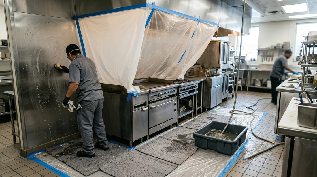 Cooking equipment tented in plastic, floors protected, and wash water captured — Amarillo, TX