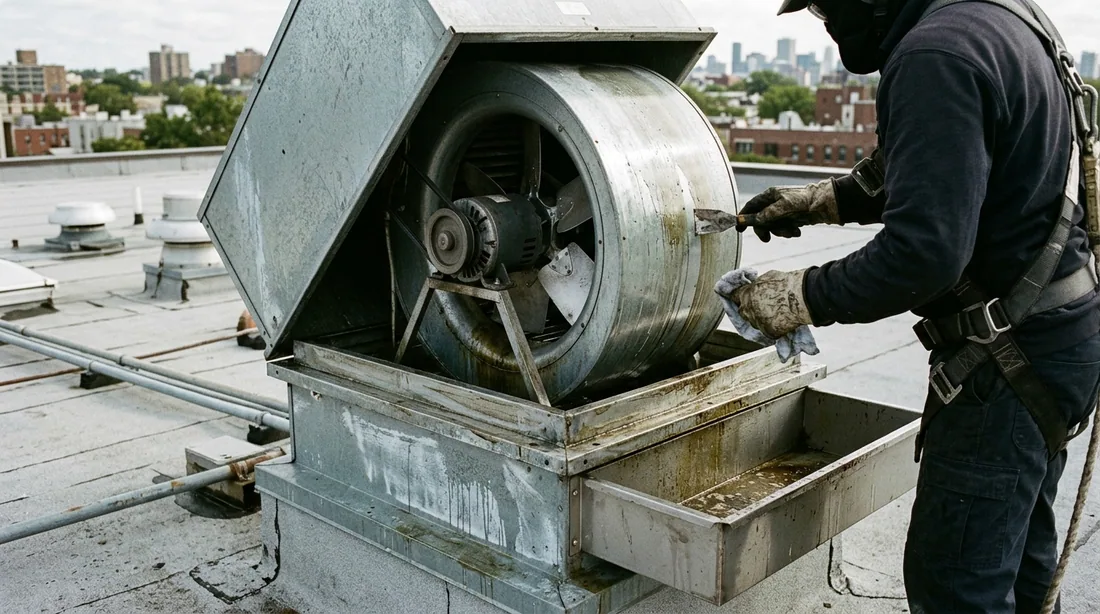 Fan hinged back or lifted off, housing, blades, and fan curb scraped and washed — Amarillo, TX
