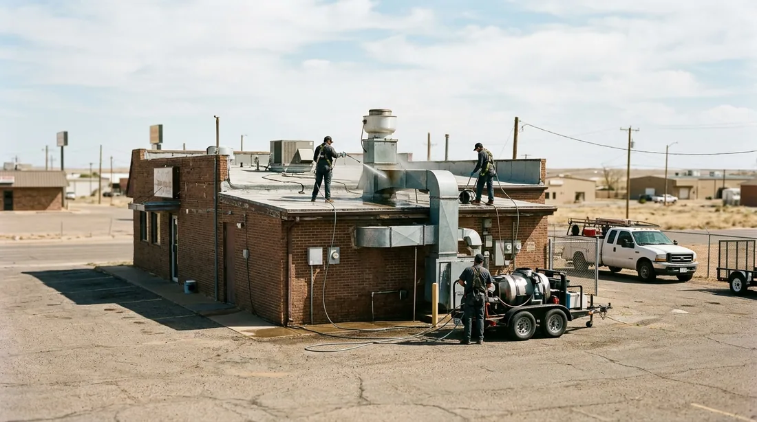 A small professional crew working on a hood cleaning job at a property, seen from behind and at a — Amarillo, TX